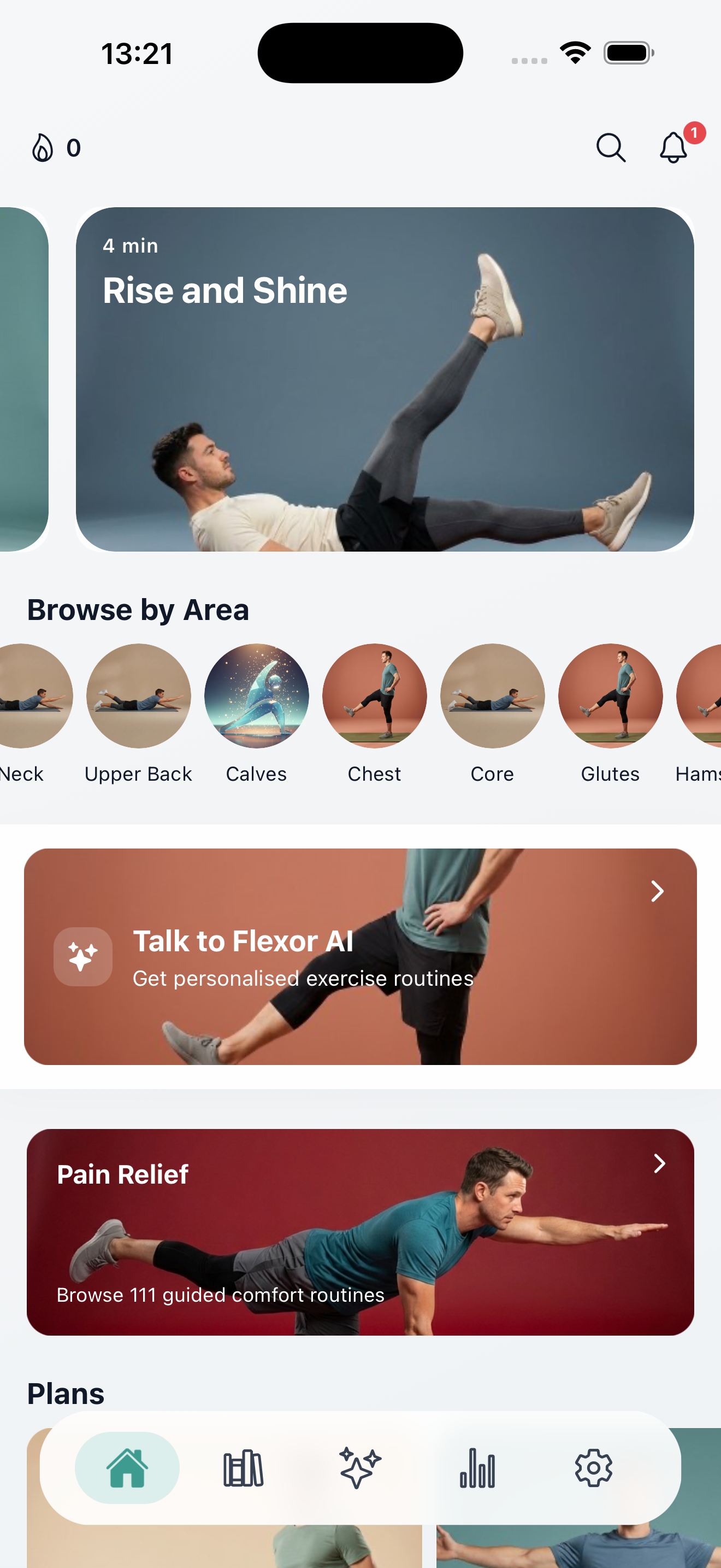 Flexor mobile app home screen